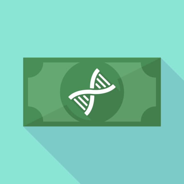 DNA helix on a dollar bill, symbolizing the cost of gene therapy